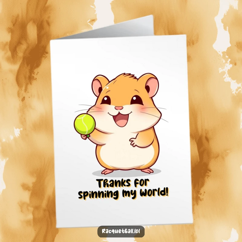 Funny Free Printable Hamster Racquetball Thank You Card, a joyful hamster balancing a ball, expressing sincere thanks.