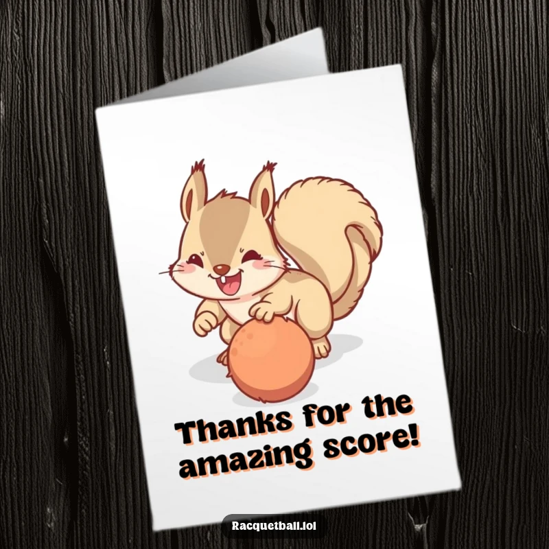 Funny Free Printable Thank You Card: A happy squirrel making a determined dive for a fuzzy ball, symbolizing enthusiastic gratitude.