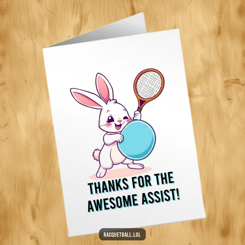 Funny Free Printable Thank You Card: Amusing rabbit with a racquetboard, comically expressing thanks with energetic motion.