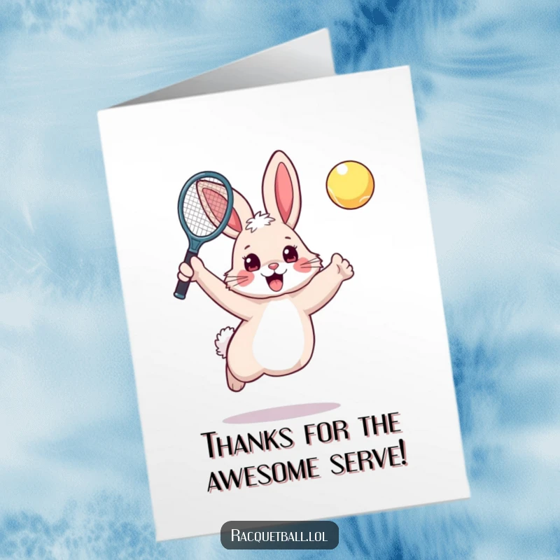Funny Free Printable Thank You Card: A fluffy rabbit leaping excitedly, racquet in paw, expressing heartfelt thanks.