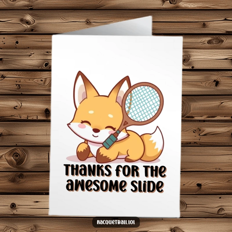 Funny Free Printable Thank You Card: Smiling fox sliding on its belly with a racquet aimed forward, thank you for smooth sailing.