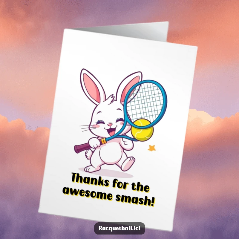 Funny Free Printable Thank You Card: Cheerful bunny enthusiastically smashes a colorful racquetball, conveying thanks.