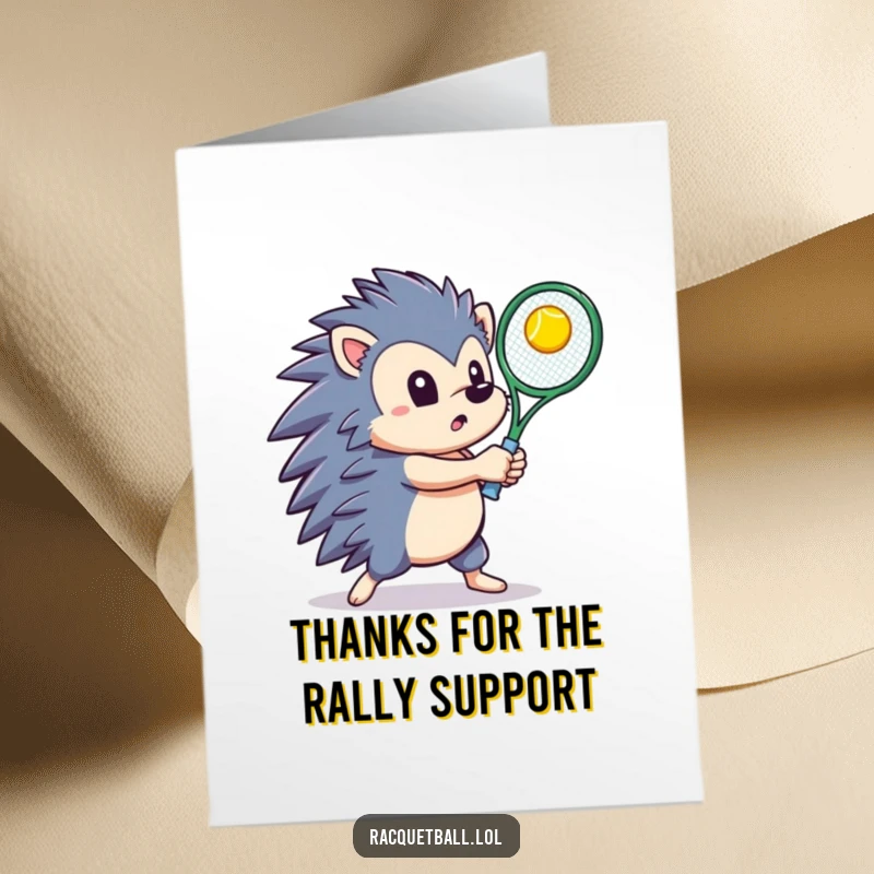 Funny Free Printable Hedgehog Thank You Card: Determined hedgehog swings a racquet, hitting a ball upwards to say thanks.