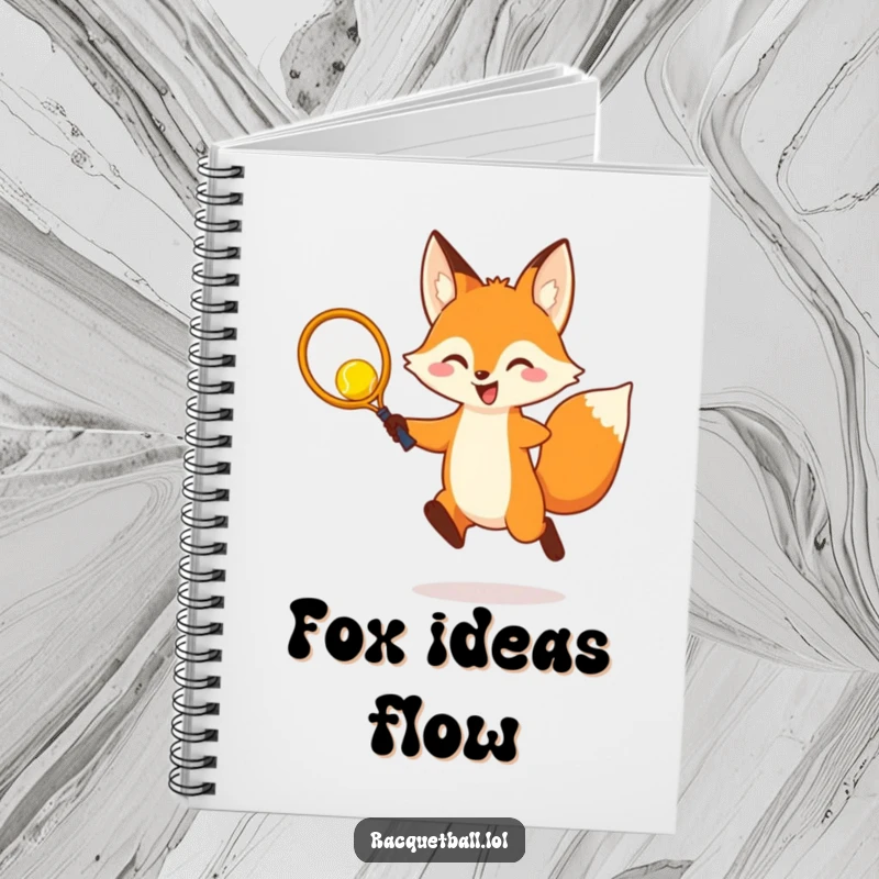 Funny Notebook: A cheerful fox leaping to hit a racquetball with a tiny racquet, perfect for jotting down ideas with spirited energy.