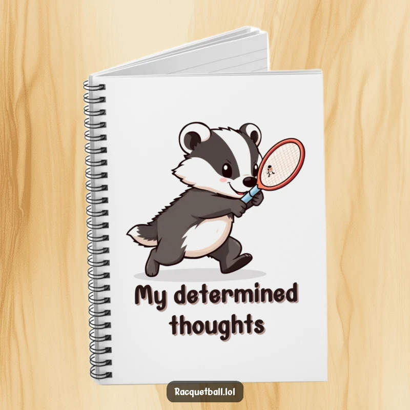 Funny badger tennis notebook, a determined athlete lunging with a racquet, inspiring intense focus and strategic thinking.