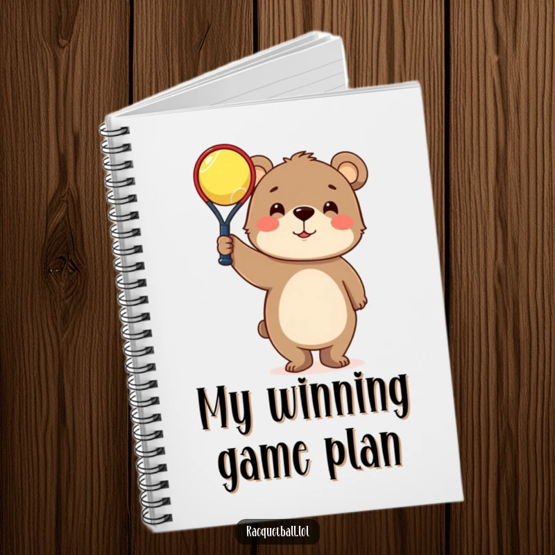 Funny Notebook: Curious bear character triumphantly holding a tiny racquetball, perfect for jotting down notes with humor.