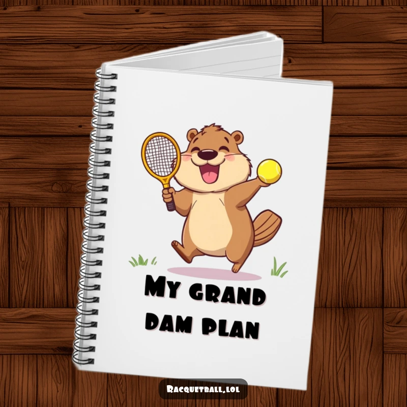 Funny notebook cover with a joyful beaver mid-leap, racquetball paddle connecting with a ball in a dynamic, celebratory pose.