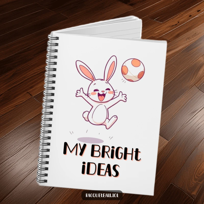 Funny notebook featuring a cheerful bunny character leaping high to hit a floating ball, note-taking.