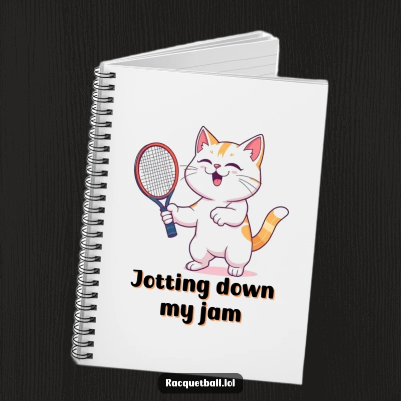 Funny cat racquetball notebook showing a triumphant cat shaking its racquetboard with glee, perfect for capturing winning ideas.
