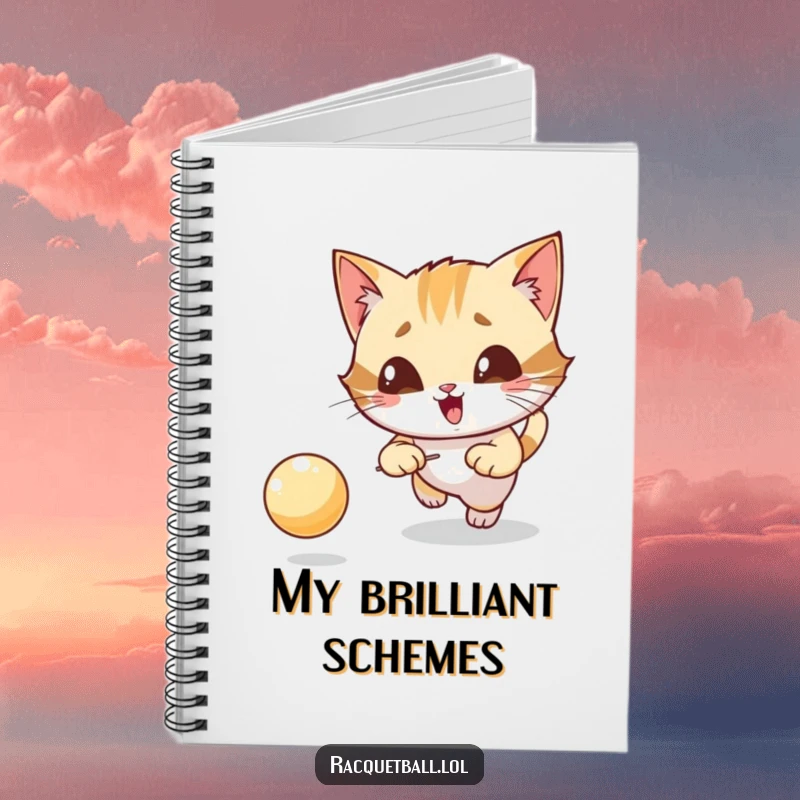 Funny notebook featuring a giggling cat character intensely focused on chasing a bouncing ball, note-taking.