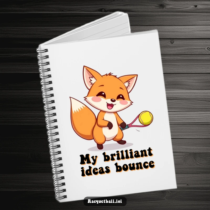 Funny notebook cover showing a happy fox catching a bouncing racquetball, ears up, ready for action and note-taking.