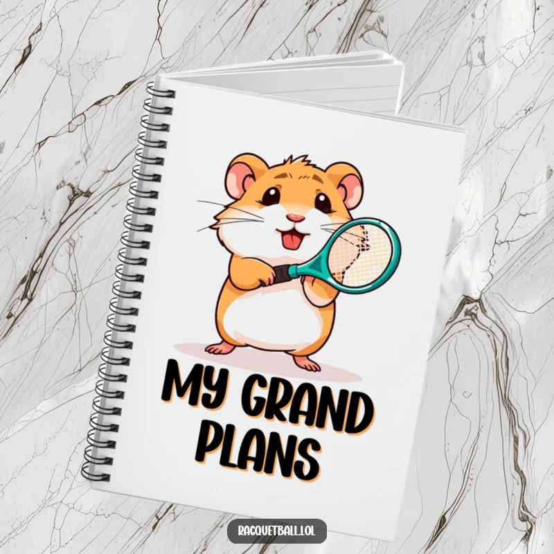 Funny notebook featuring a determined hamster character swinging a miniature plastic tennis racquet, note-taking.