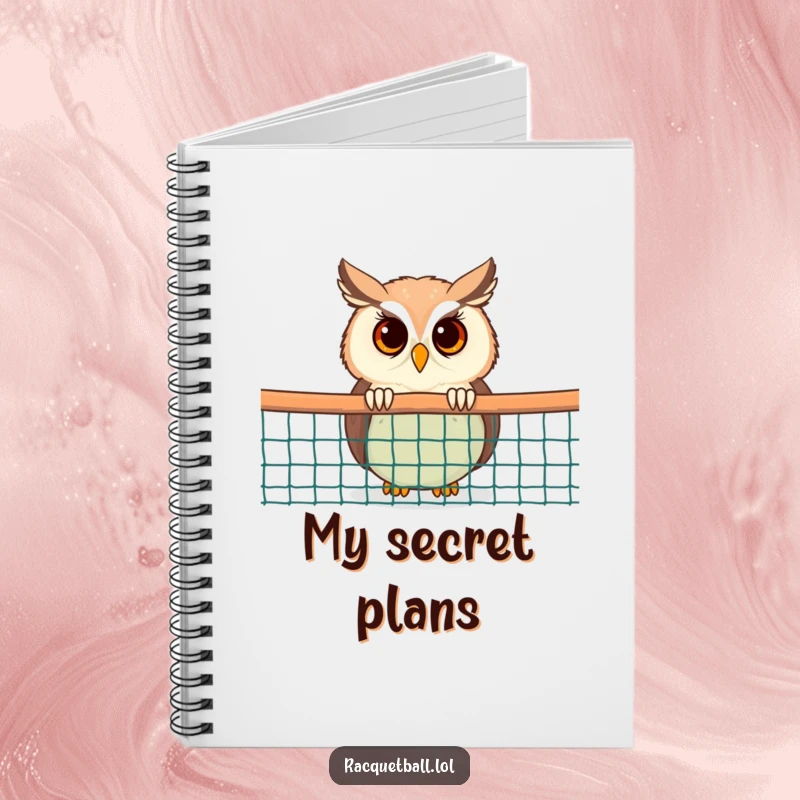 Funny Owl Notebook: A notebook cover with a curious owl peeking from behind a racquetball net, inspiring thoughtful notes.