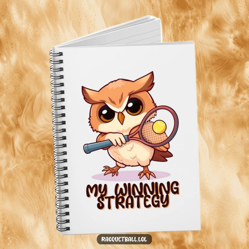 Funny owl tennis notebook with a determined owl playing racquetball, ideal for jotting down notes and game plans, a humorous sports gift.