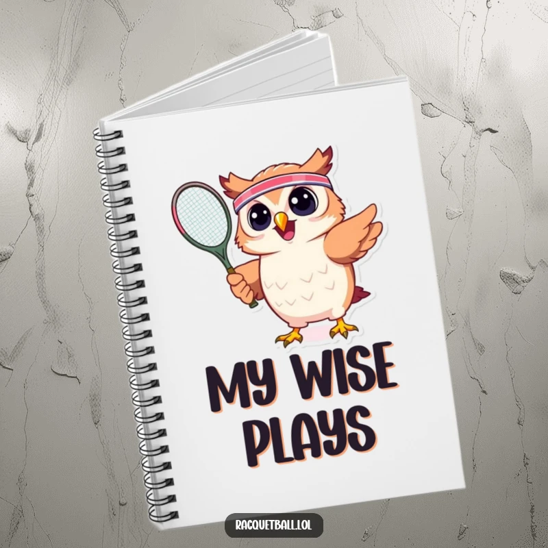 Funny notebook cover showing a cheerful owl with a headband, ready to swing a tennis racquet, designed to inspire active note-taking and creative ideas.