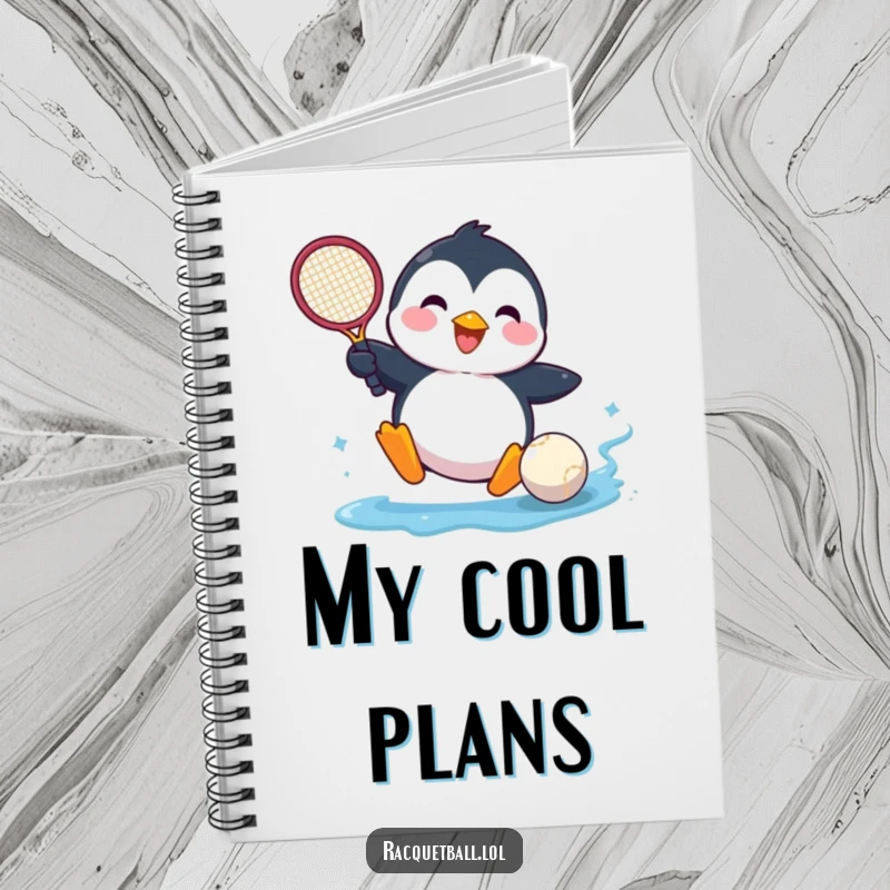 Funny notebook with a happy penguin comically sliding into a tennis ball, perfect for notes and creative thoughts.