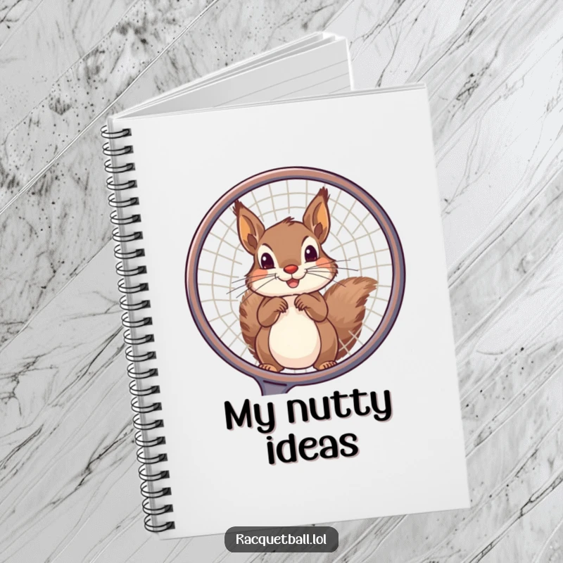 Funny squirrel notebook with a playful squirrel and a racquet frame, perfect for jotting down notes with sporty and humorous intent.