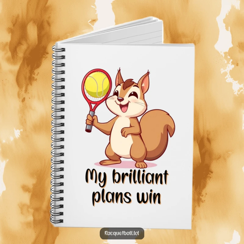 Funny notebook cover featuring a squirrel in a victory pose with a racquetball, perfect for recording achievements and funny reflections.