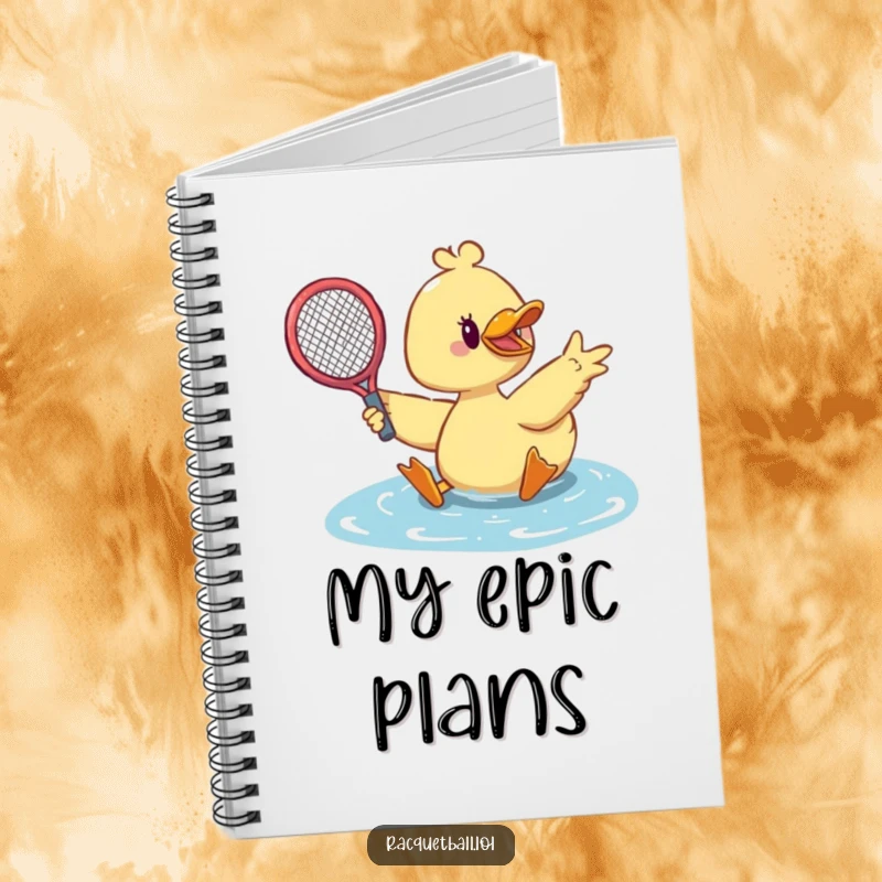 Funny duck tennis notebook with a cute duck sliding dramatically with a racquet outstretched to make a save.