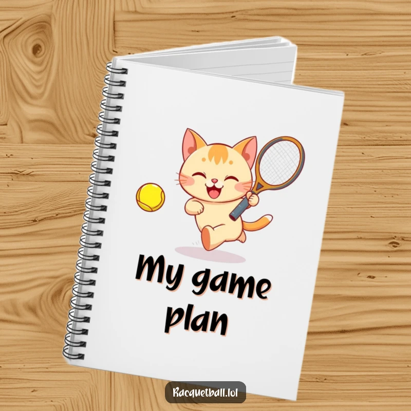 Funny Cat Tennis Notebook with a happy cat bounding after a ball with a racquet, ideal for jotting down game strategies.