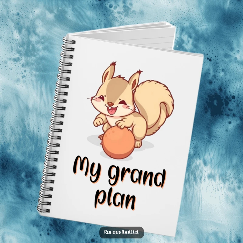 Funny notebook featuring a happy squirrel making a determined dive for a fuzzy ball, perfect for jotting down ideas humorously.