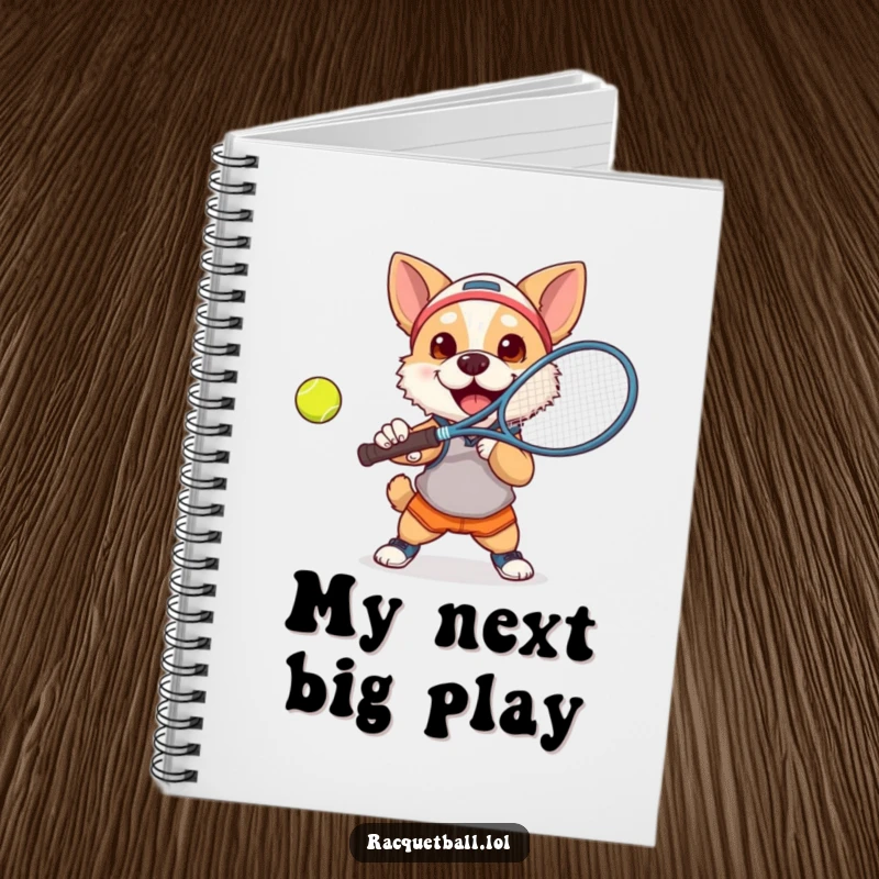 Funny dog tennis notebook with a determined, athletic dog smashing a tennis ball with a racquet on the cover.