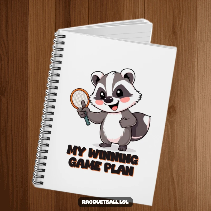 Funny badger notebook with a cheerful badger giving a thumbs up, holding a tennis racquet. For notes, journaling, and sports fans.