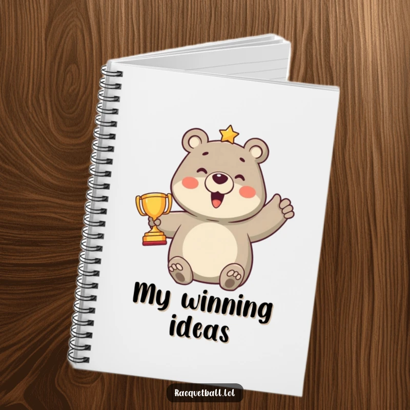 Funny notebook cover featuring a proud bear character celebrating a point with a tiny trophy, designed to inspire recording wins and successful ideas.