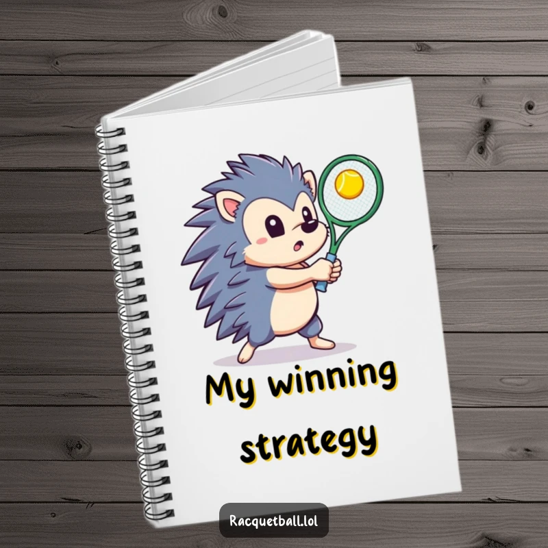 Determined hedgehog swinging a tennis racquet to hit a ball upwards, printed on the cover of a notebook for game plans.