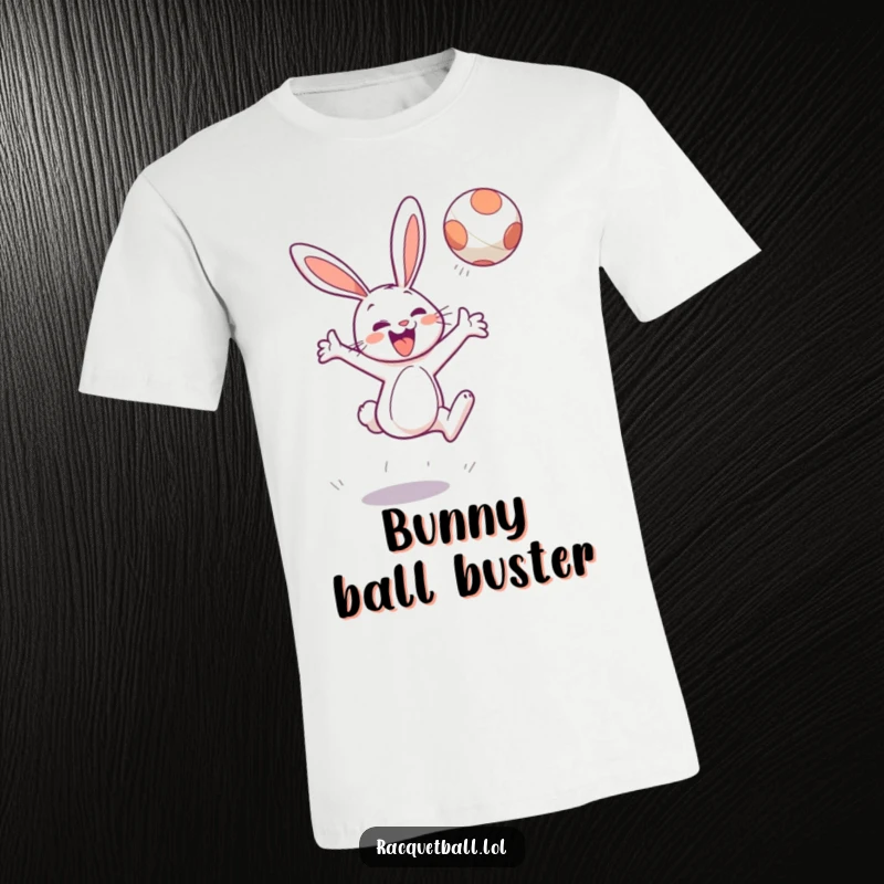 Funny t-shirt depicting a cheerful bunny character leaping high to strike a floating ball with energetic gusto.