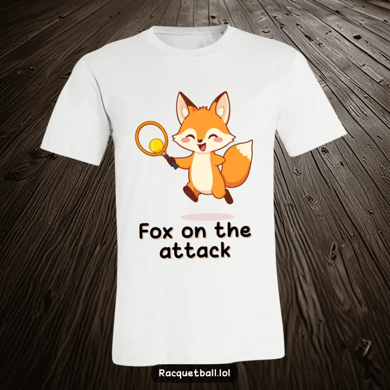 Funny T-Shirt: A cheerful fox executes a dynamic leap to strike a yellow racquetball with a small racquet, full of playful energy.