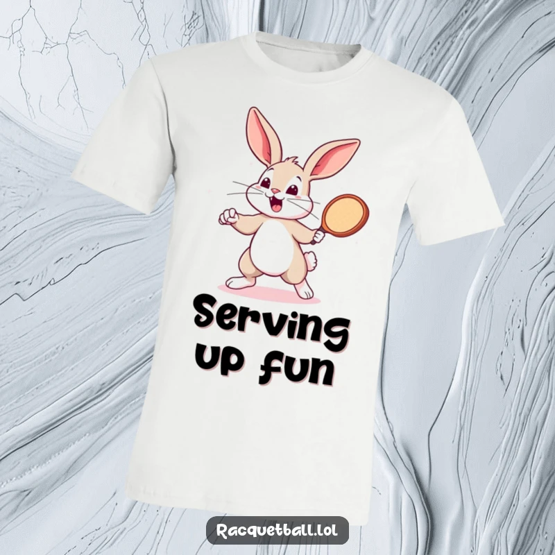 Funny energetic bunny swinging a small racquetball paddle, ready for action. A perfect funny gift for sports lovers.