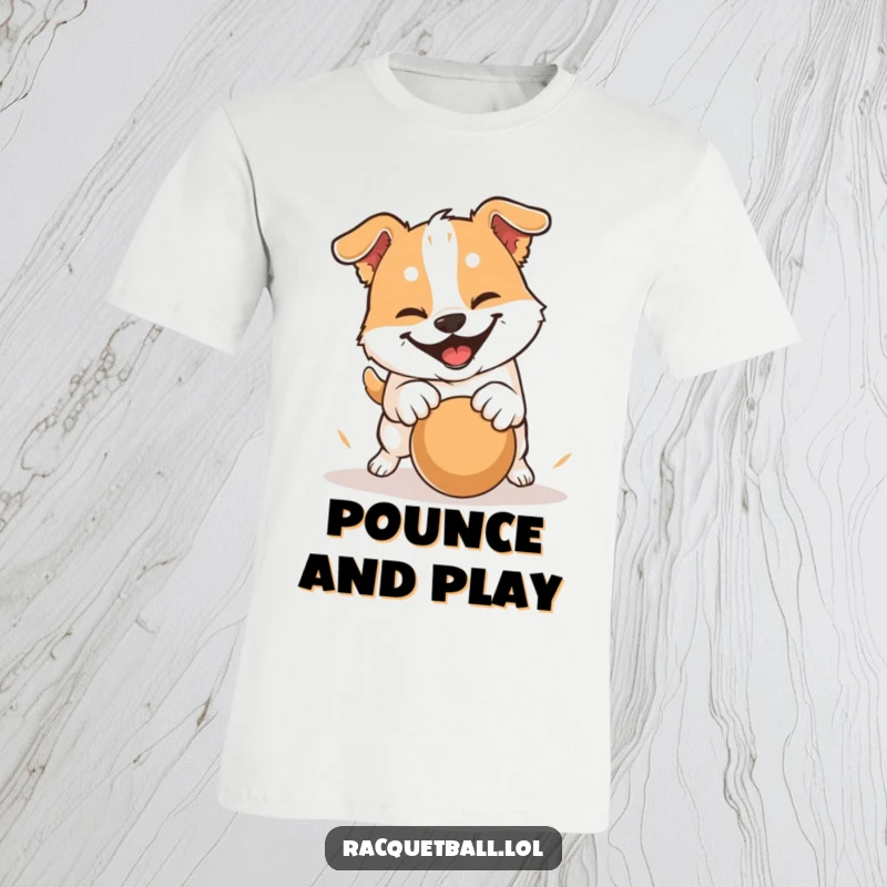 Funny t-shirt showing a dog with a determined grin hitting a ball with a playful pounce, capturing joyful canine energy.