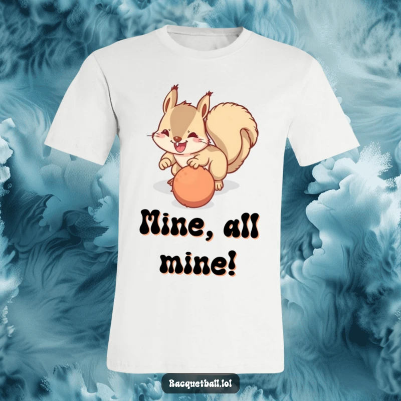 Funny t-shirt showing a happy squirrel in a determined dive, reaching for a fuzzy ball with enthusiastic agility.