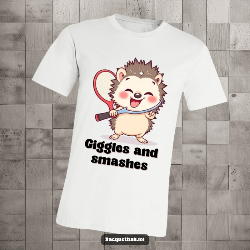 Funny t-shirt with a small hedgehog giggling heartily, brandishing a comically huge racquetball paddle, embodying playful spirit.