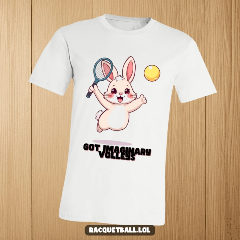 Funny rabbit tennis t-shirt featuring an excited, fluffy bunny leaping high with a tennis racquet.