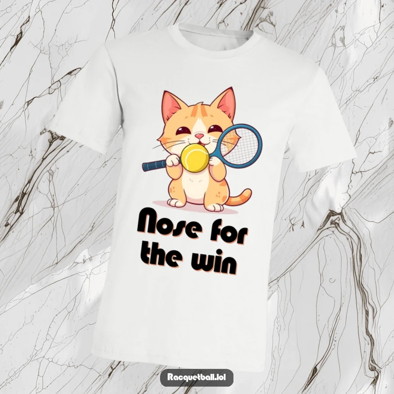 Funny T-Shirt: A delighted cat energetically balances a racquetball on its nose, showcasing intense focus and playful skill.