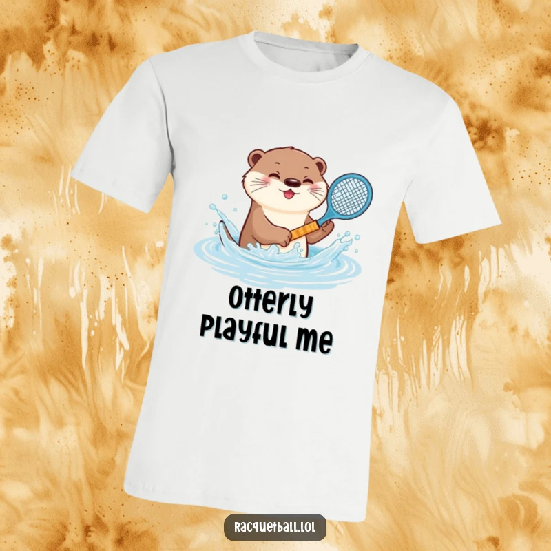 Funny otter tennis t-shirt, a playful animal splashing water with a miniature racquet, showcasing aquatic fun and charming antics.