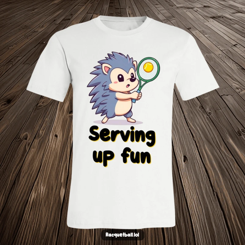 A determined hedgehog swinging a tennis racquet with force to hit a bright ball upwards, printed on a t-shirt.
