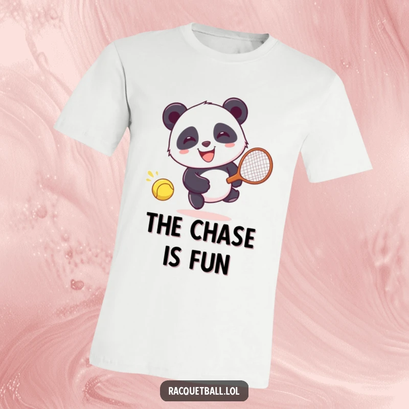 Funny T-Shirt: Giggling panda joyfully running after a runaway racquetball, depicting a scene of pure amusement.