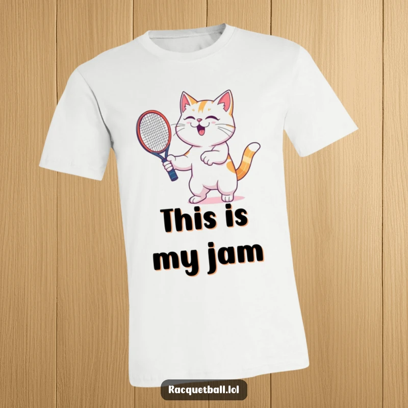 Funny cat t-shirt featuring a joyful cat celebrating a racquetball win by shaking its racquetboard with intense glee and energy.