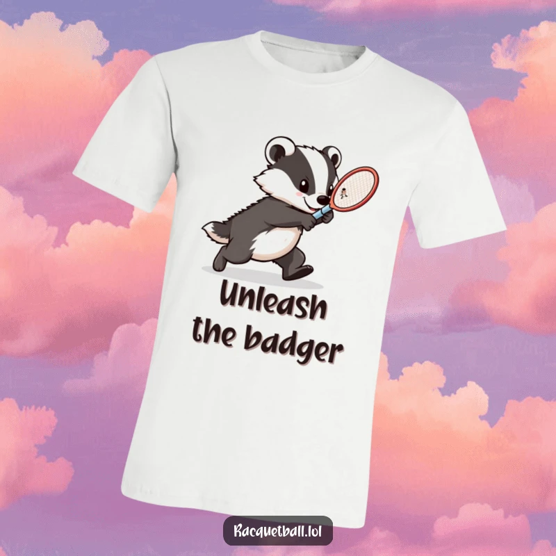 Funny badger tennis t-shirt, a determined athlete lunging forward with speed, racquet extended for a powerful strike, embodying competitive drive.