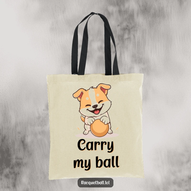 Funny tote bag with a dog having a determined grin, hitting a ball with a playful pounce, perfect for carrying essentials humorously.