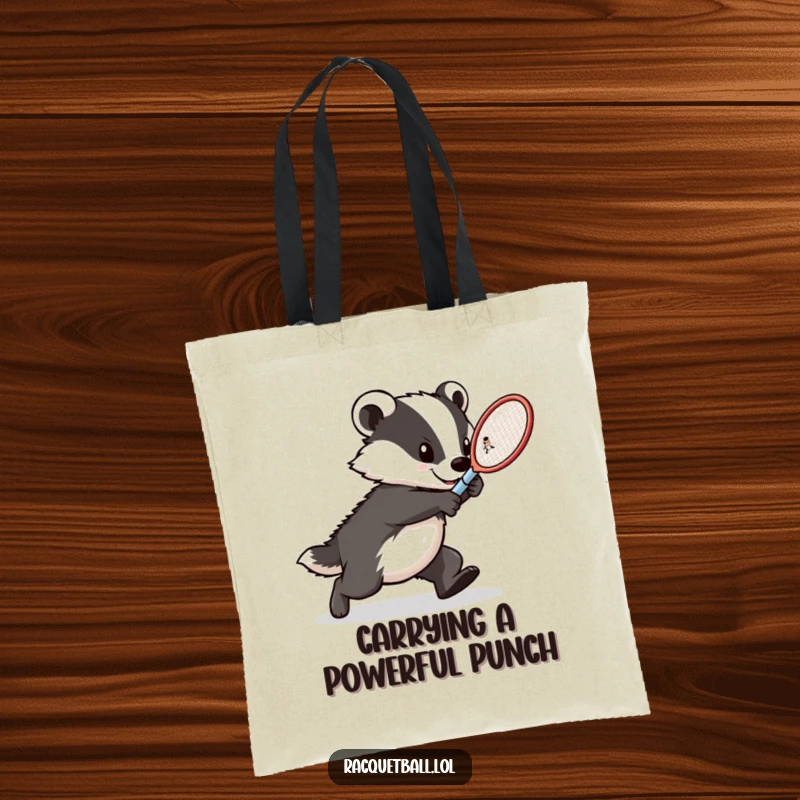 Funny badger tennis tote bag, a determined athlete lunging forward with racquet extended, showcasing powerful movement and competitive spirit.