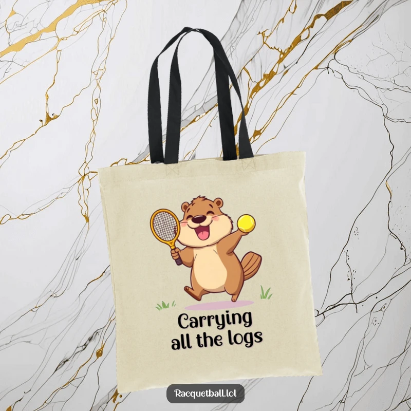 Funny tote bag featuring an ecstatic beaver leaping, racquetball paddle in action, hitting a ball with pure, unadulterated glee.