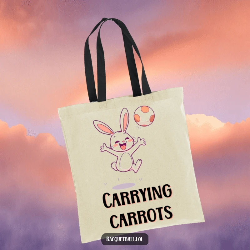Funny tote bag showcasing a cheerful bunny character leaping high to hit a floating ball, carrying capacity.