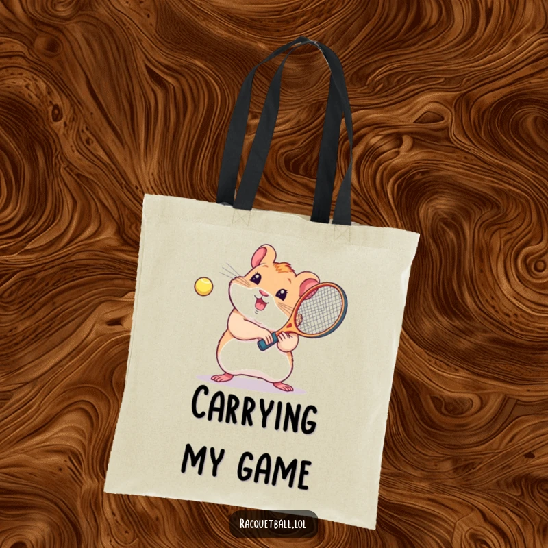 Funny tote bag, a cute kawaii hamster playing racquetball, ready for humorous everyday adventures.