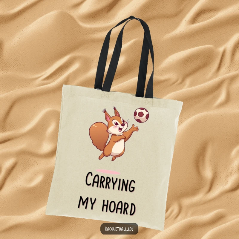 Funny tote bag with a determined squirrel leaping high to hit a ball with a playful smile.