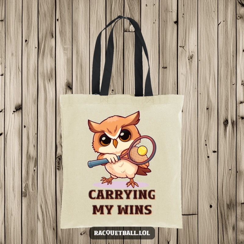 Funny owl tennis tote bag featuring a determined owl playing racquetball, perfect for carrying sports gear with a humorous and athletic flair, a great gift.