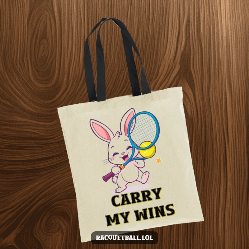 Funny tote bag with a cheerful bunny enthusiastically smashing a colorful racquetball.